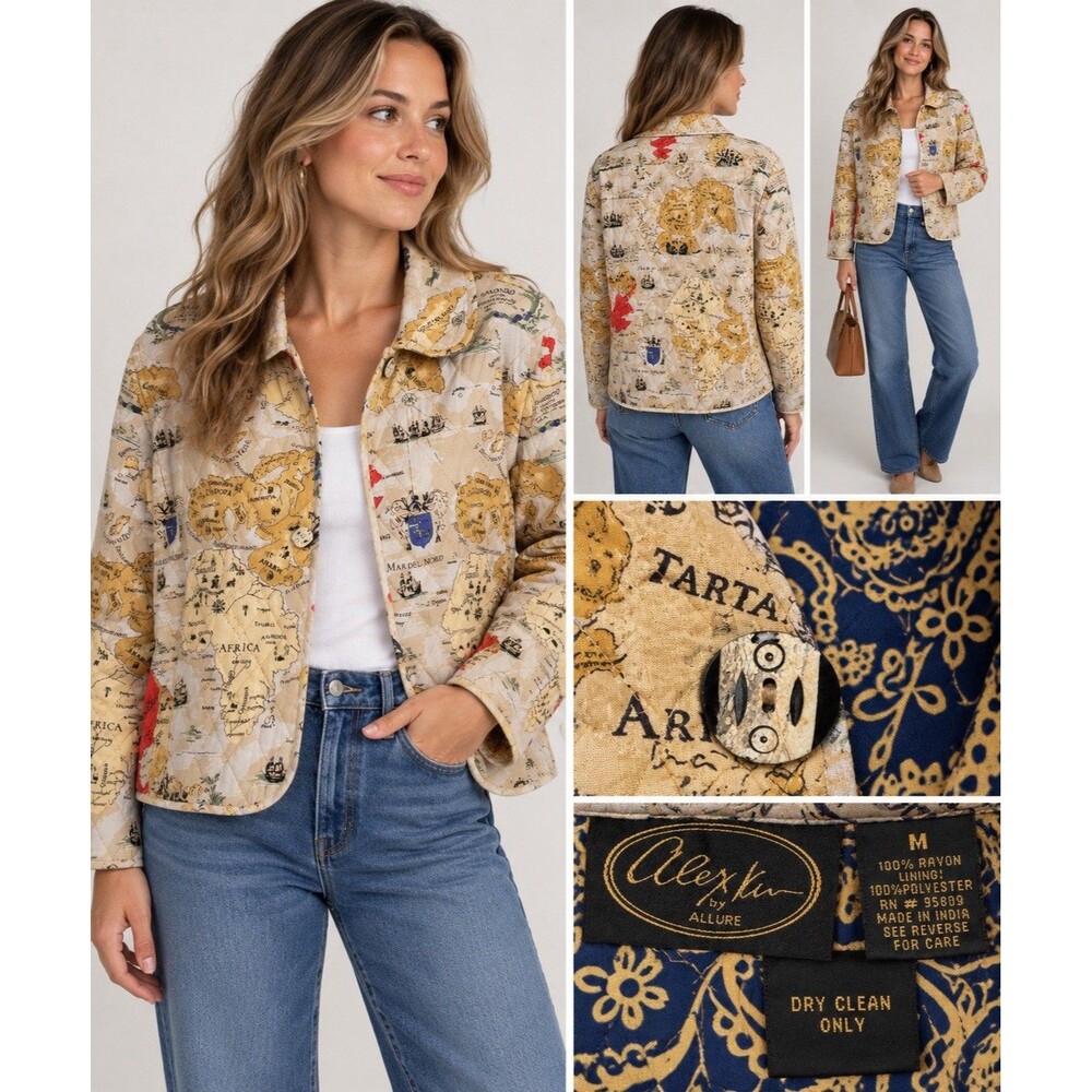 Vintage 90s Alex Kim by Allure World Map Quilted Jacket Women M Art to Wear